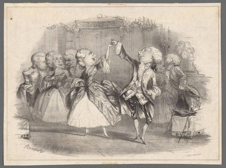 A formal couple in 18th-century court dress pose for a minuet while an assembled company of elegantly dressed onlookers watches in a ballroom interior.