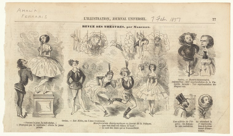Theatre review page showing ballet dancers in tutus and tights en pointe, surrounded by operatic and comedic figures, pen and ink sketch, 1857.