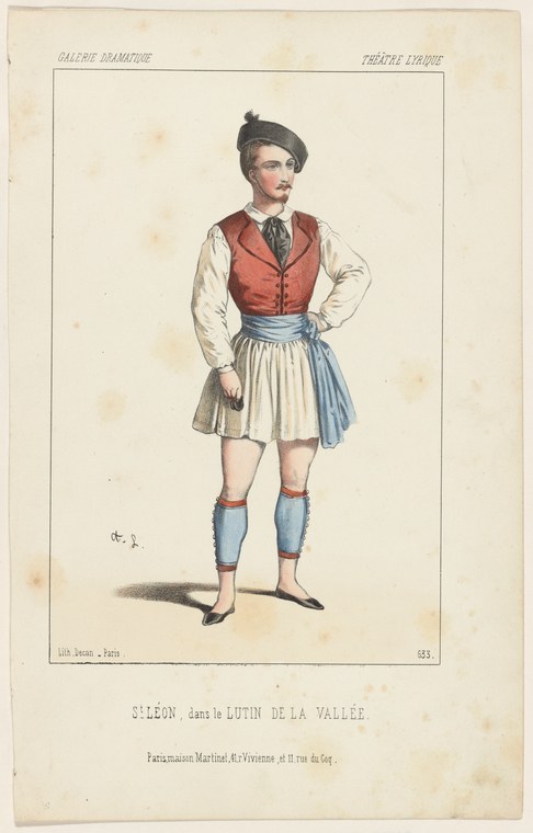 Hand-colored print of a male dancer in white shirt, red vest, blue skirt, and cap, standing in poised stance against plain background.
