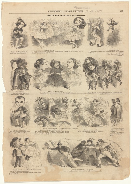 Sixteen scenes of Romantic ballet from a 19th-century Paris theatre: dancers in tutus on pointe, backstage costume adjustments, and theatrical drama.