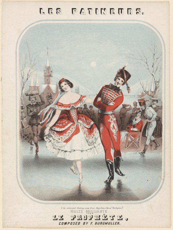A man in a red military jacket and a woman in a red and white gown perform an ice waltz watched by spectators on a frozen landscape.