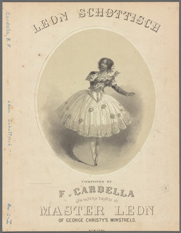 Engraved portrait of a female ballet dancer in mid-calf tulle skirt, corseted bodice, posed on one leg with the other extended and pointed.