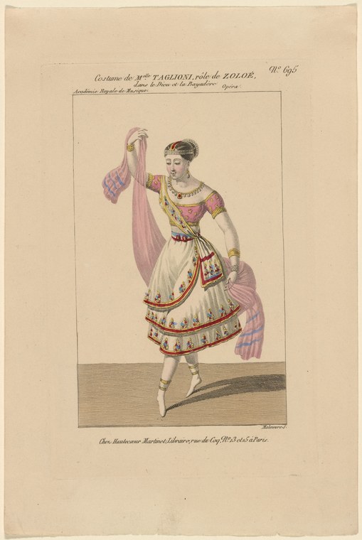 Marie Taglioni in costume as Zoloé: a dancer in a white tiered skirt and rose bodice, posed on the balls of her feet with one leg extended, holding a floating