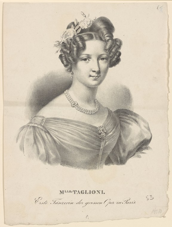 Half-length portrait engraving of a young woman with dark curled hair, pearl necklace, and off-shoulder silk dress in early 19th-century fashion.