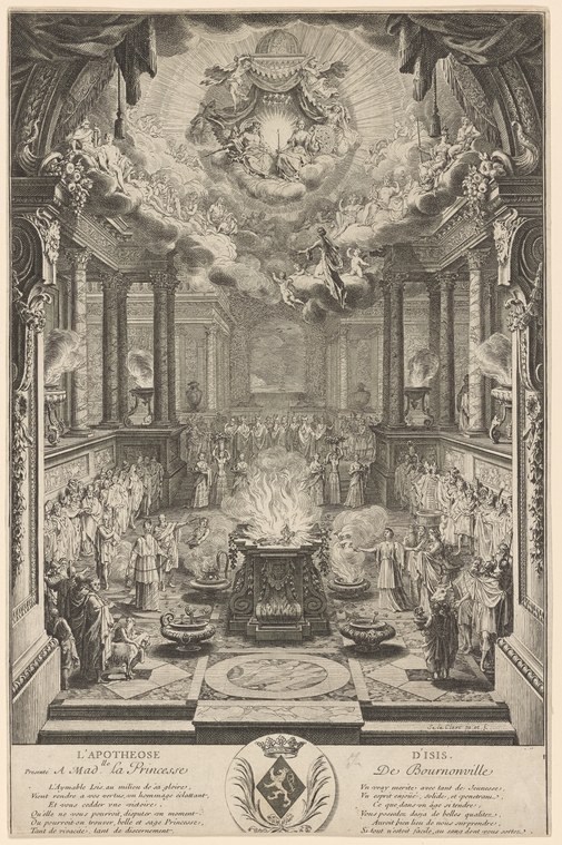 A formal engraving of a grand ceremonial assembly in a palatial interior, with kneeling figures, torch-bearing attendants, and a heavenly vision above.