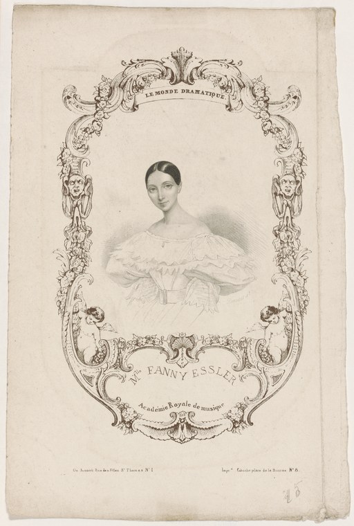 Engraved portrait of Fanny Elssler in white Romantic ballet dress within ornate rococo frame.