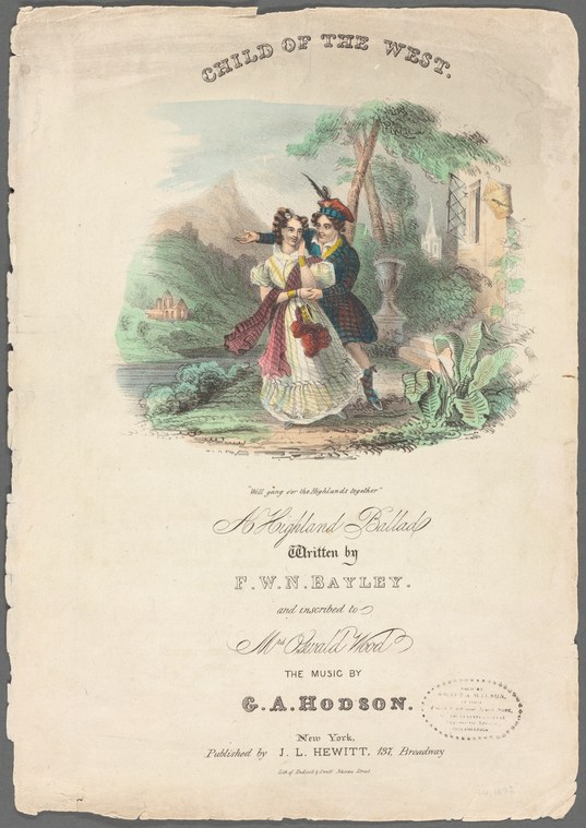 A man in Highland dress and a woman in a white dress and red shawl stand close together beneath a tree in a mountainous landscape with ruins visible in the