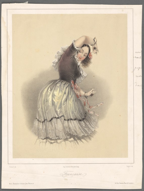 A woman in a dark jacket and pleated pale skirt arches her body backward, head thrown back and right arm raised, in a pose of joyful exuberance.