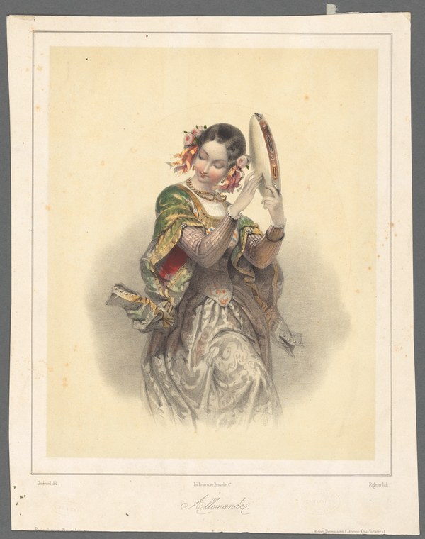Renaissance-dressed woman in ornate embroidered costume and flower wreath, holding a fan, posed in formal bearing against plain background.
