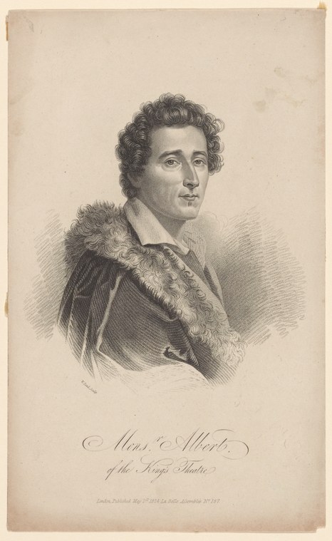 Engraved portrait of a young man in Regency dress with curled hair and fur-trimmed coat, identified as Monsr. Albert of the King's Theatre.