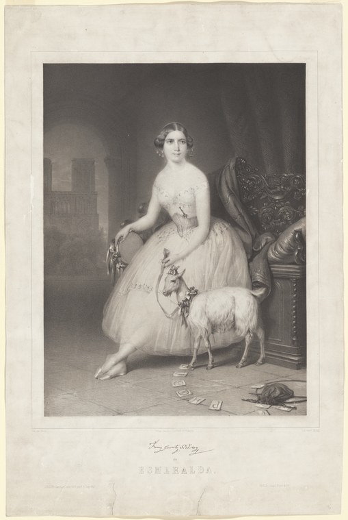 Fanny Cerrito seated in pale romantic tutu, resting hand on lap, small dog at her feet, dark background.