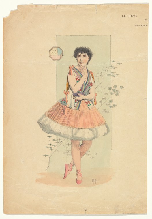 Young woman in ballet pointe shoes and classical draped dress, standing in a dreamy pose on one leg with arm raised, against a pale background with a moon and