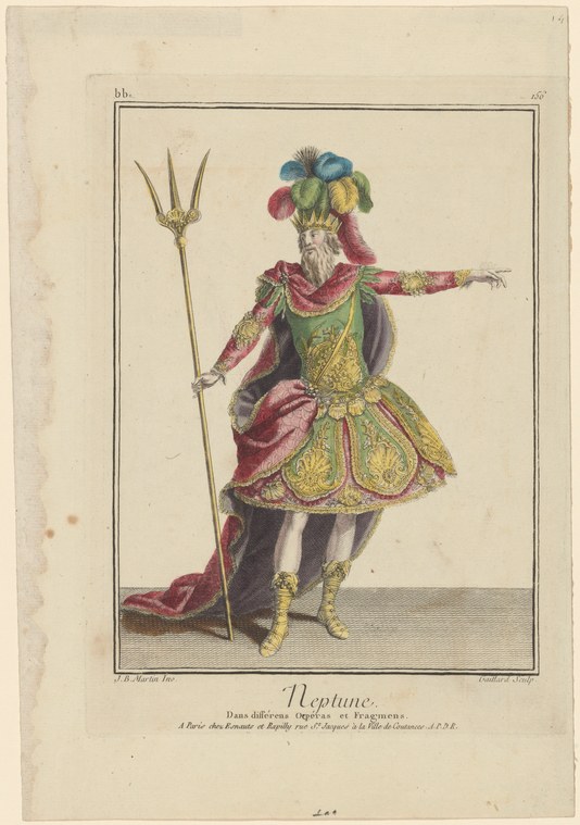 Hand-colored engraving of a male figure in elaborate baroque costume holding a trident, wearing a plumed headdress and ornamental skirt.