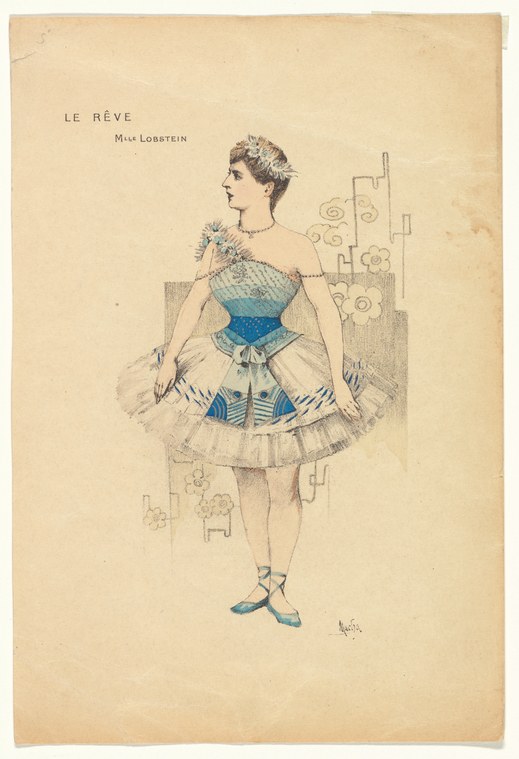 A young woman in Edwardian dress stands in profile, wearing a corset and pale tulle skirt, one arm raised, gazing away pensively.