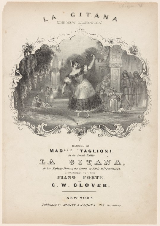 Female dancer in striped skirt mid-turn in Spanish courtyard, arms raised, male figure beside her, ornamental frame, 19th-century engraving.