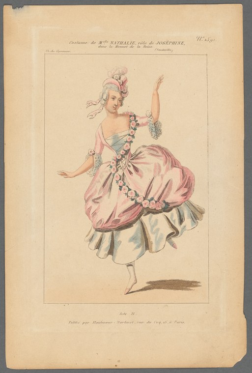 Hand-colored engraving of a female performer in pale pink dress with floral ornaments, posed in an extended leg position with raised arm, labeled as Mlle.