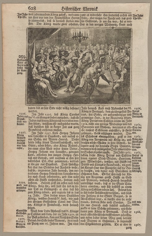 Dense woodcut of costumed, masked figures dancing and reveling in a crowded town square before a Gothic cathedral.