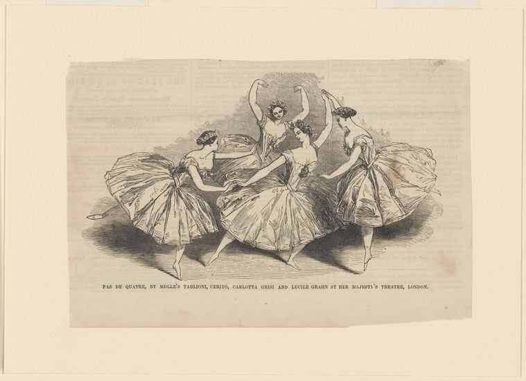Four women in voluminous tutus arranged in formation, arms raised, in a mid-nineteenth-century engraving style.