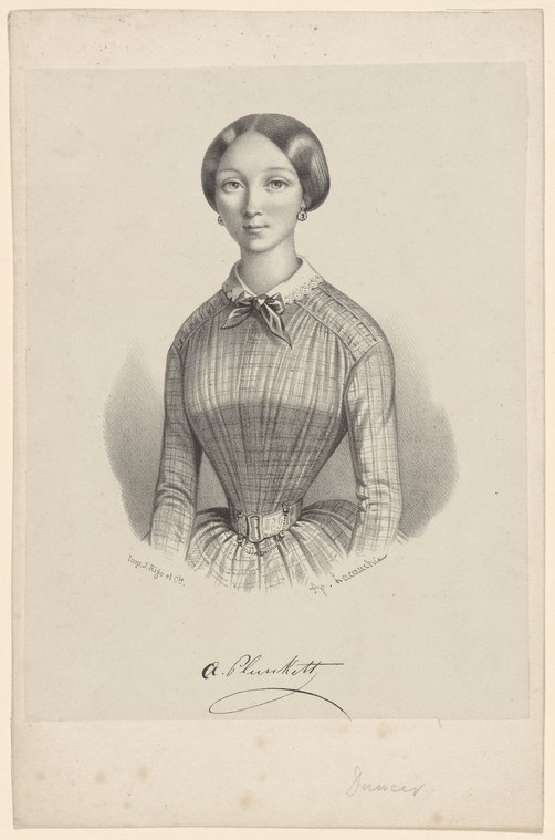 Engraved portrait of a young woman in 1850s dress with checked pattern, facsimile signature 'A. Plunkett' below.