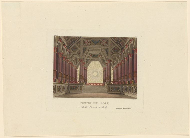 Hand-colored engraving of a grand neoclassical colonnade with symmetrical red columns receding toward a central circular window, labeled Temple of the Sun.
