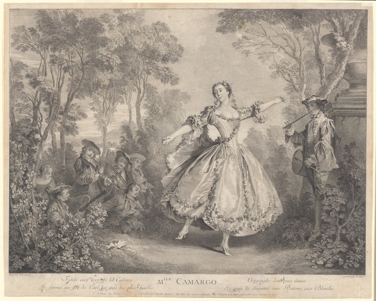 An 18th-century engraving of a woman in a pale silk gown dancing alone in a garden, attended by four male musicians.