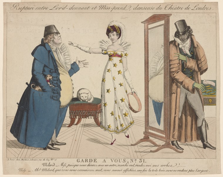 Hand-colored engraving: woman in starred white gown with wings stands arms-spread between two reacting men, one gesticulating in anger, one watching from a