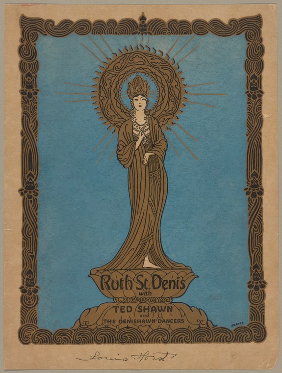 Art Nouveau color lithograph of a woman in classical draped robes, arms gracefully posed, with an ornate sunburst halo above her head, set within an intricate