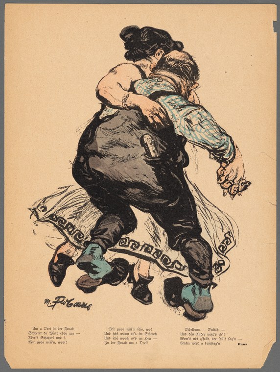 A man in suspenders and dark coat supports a woman in a puffed-sleeved blouse as she arches backward nearly horizontal, mid-dance, in an expressive folk-dance