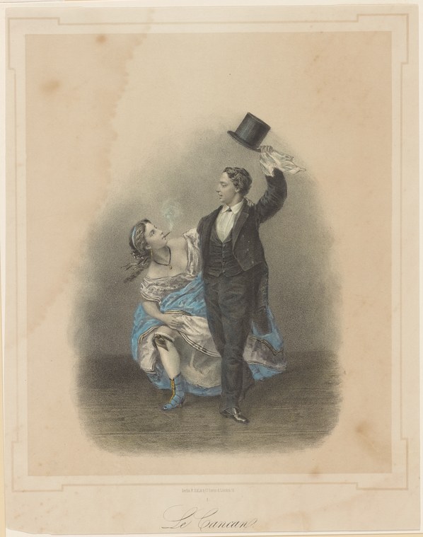 Hand-colored engraving of a couple dancing the cancan: a man in black tailcoat arches backward, hat held high, supporting a woman in white corseted dress with