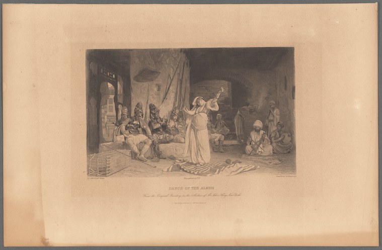 Engraving of a standing woman in a long white dress with raised arms, performing for a group of seated men in an ornately draped interior.