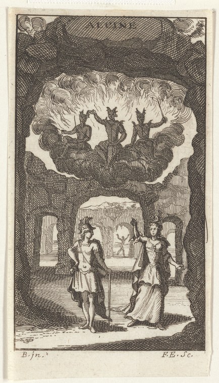 Engraving showing enchantress Alcine in a columned hall below; three contorted supernatural figures emerge from clouds above.
