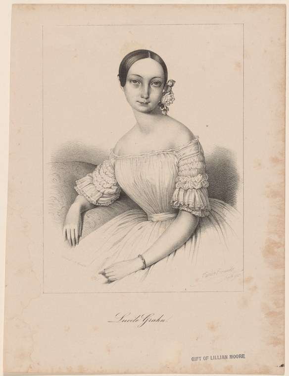 Woman in pale off-shoulder gown with puffed sleeves, seated and facing the viewer, flowers in her dark hair.