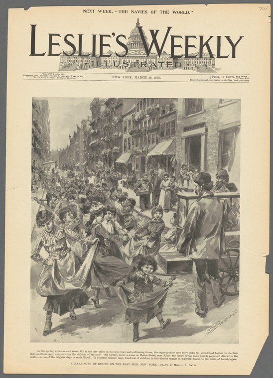 Pen-and-ink newspaper illustration of crowded street in immigrant neighborhood, with women in long coats and hats moving energetically among buildings.