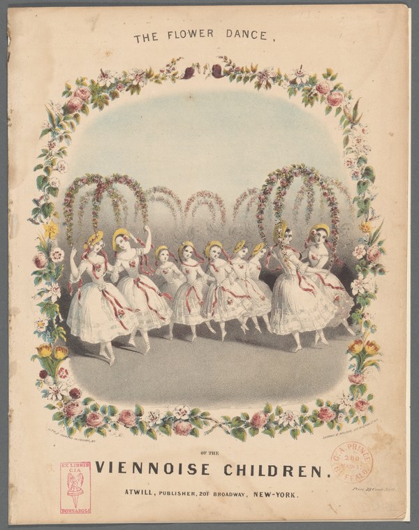 Ten young girls in white ballet dresses dance in a line beneath flowering archways in a Victorian theatrical print.