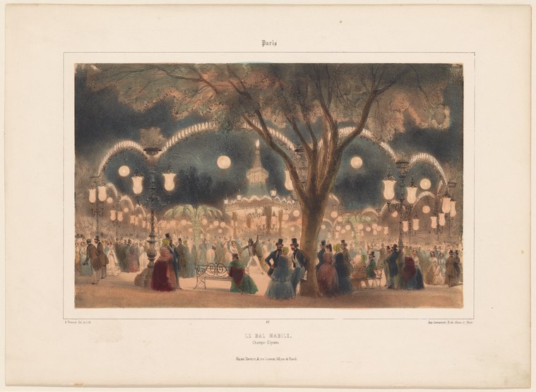Nighttime scene of a crowded ballroom lit by gas lamps, with hundreds of figures in formal dress dancing and socializing beneath a large tree.