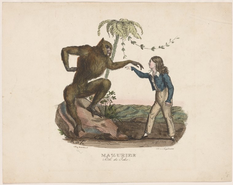 Hand-colored engraving: muscular primate on rocky ground reaches toward young man in blue jacket; man leans back with arm extended toward animal.