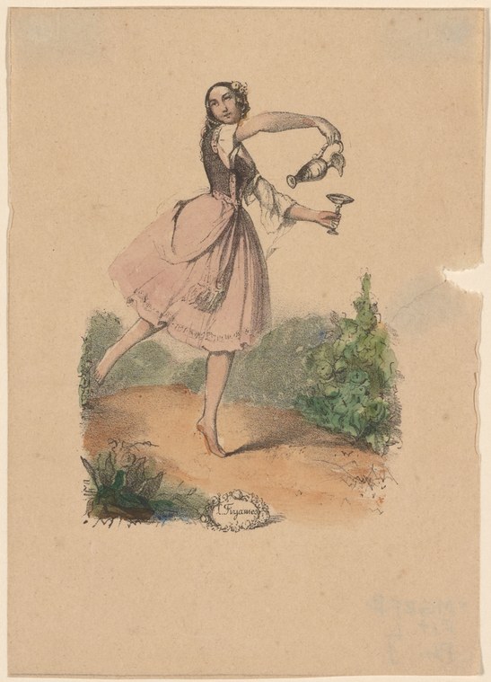 Young woman in pale pink skirt and dark bodice arches backward with extended arms, holding a small vial above her head in a sunlit landscape.