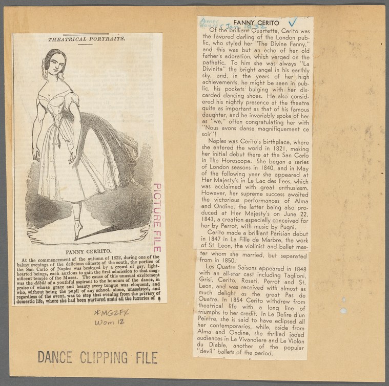 Engraved portrait of Fanny Cerrito in romantic ballet costume: pointe shoes, tutu, fitted bodice, classical port de bras, mounted with biographical text.