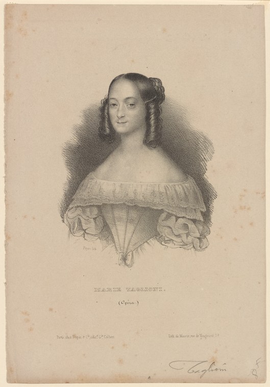 Portrait lithograph of a young woman with dark ringlets, wearing a white off-shoulder Romantic ballet dress with a ruffled neckline and gossamer overskirt.