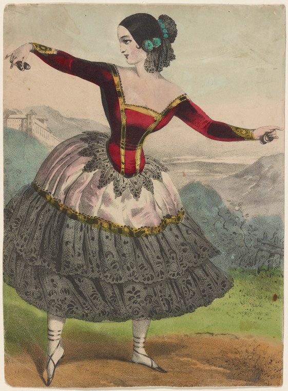 Female ballet dancer in mid-nineteenth-century costume striking an arabesque pose, right leg extended behind, against a mountainous landscape.