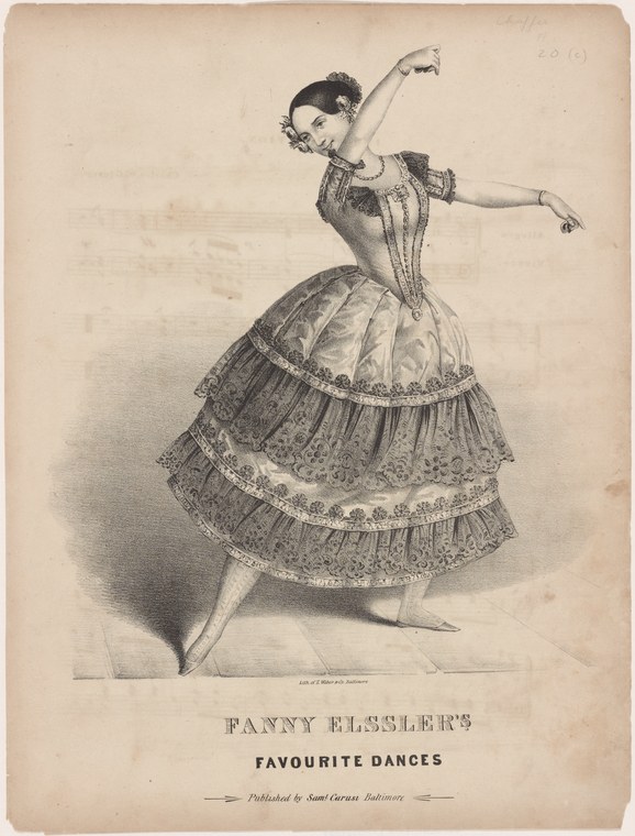 Black-and-white engraving of Fanny Elssler, a female ballet dancer en relevé, in a fitted bodice and three-tiered skirt, arms in soft ballet positions, head