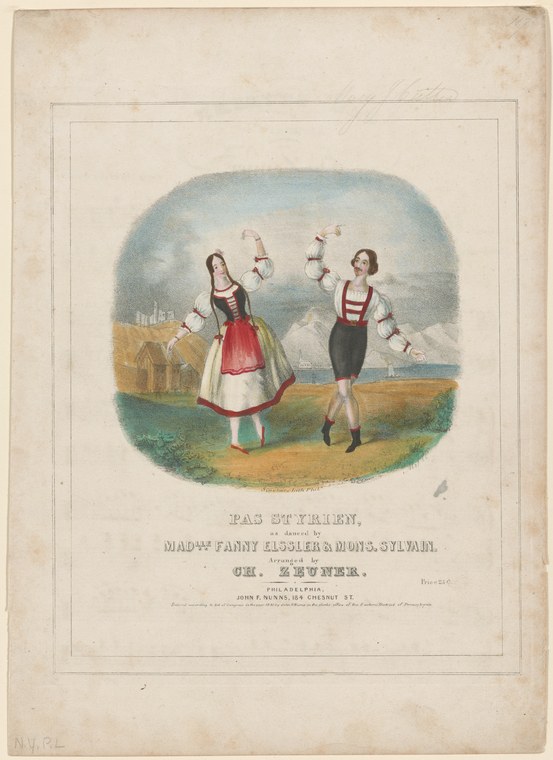 Two dancers in Alpine costume face the viewer with raised arms holding flowers, standing in a pastoral landscape.