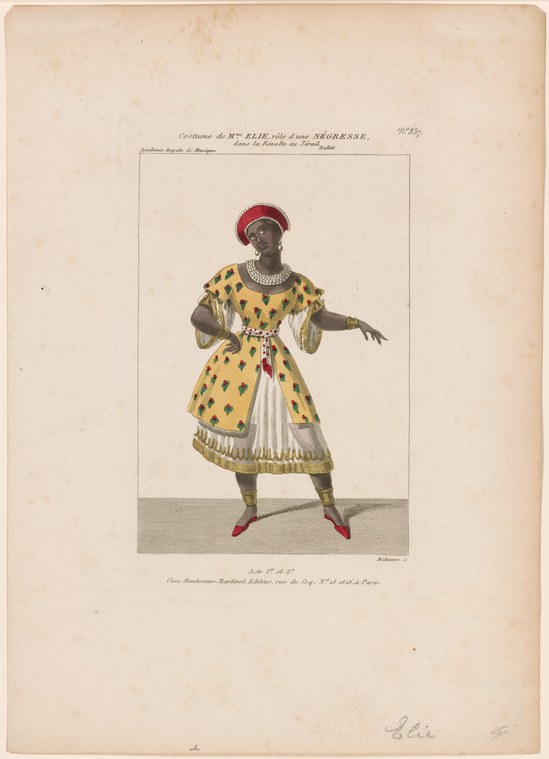 Hand-colored engraving of a woman wearing a yellow patterned tunic, white pleated skirt, red heeled shoes, beaded collar, and tall red feathered headdress