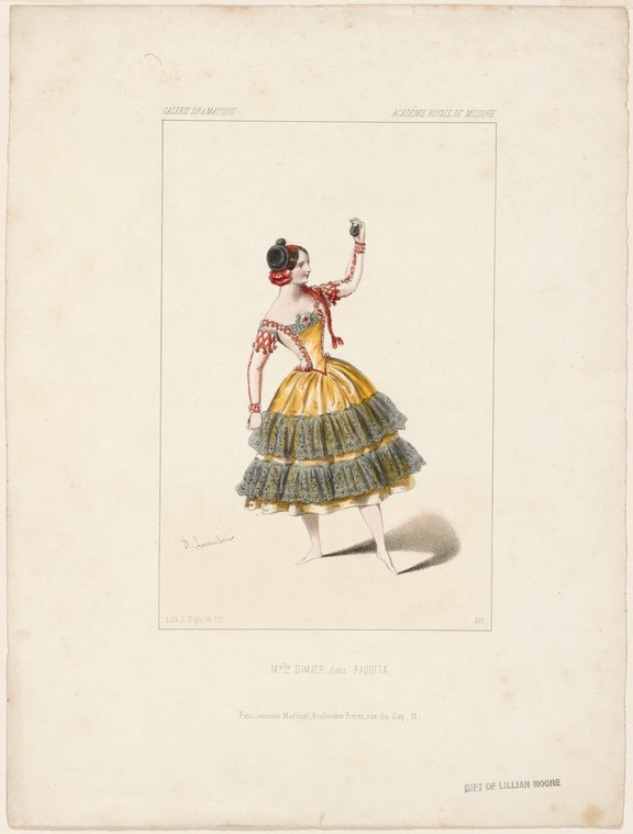 A female dancer in 1840s theatrical dress with a yellow skirt and red sleeves, arms raised in a balletic pose, facing the viewer.