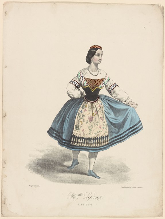 A woman in mid-nineteenth-century theatrical costume: white puffed sleeves with red-black patterns, black corseted bodice, full blue skirt with horizontal