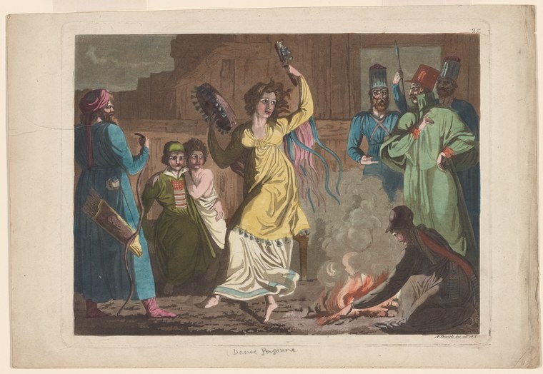 Hand-colored engraving of a woman in a yellow dress dancing with raised arms before assembled peasants, officials in tall hats, and a fire.