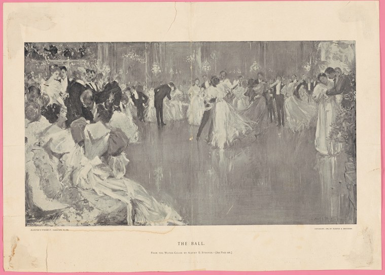 A crowded ballroom with couples in formal dress dancing and conversing; in the foreground, a woman in a white gown watches from a seated position.