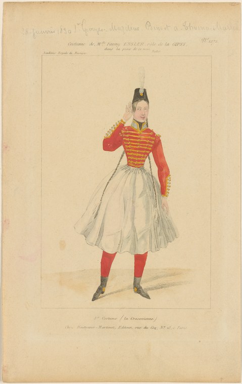 Hand-colored costume plate of a woman in red military-style jacket and cream silk skirt, standing formally against a plain background.