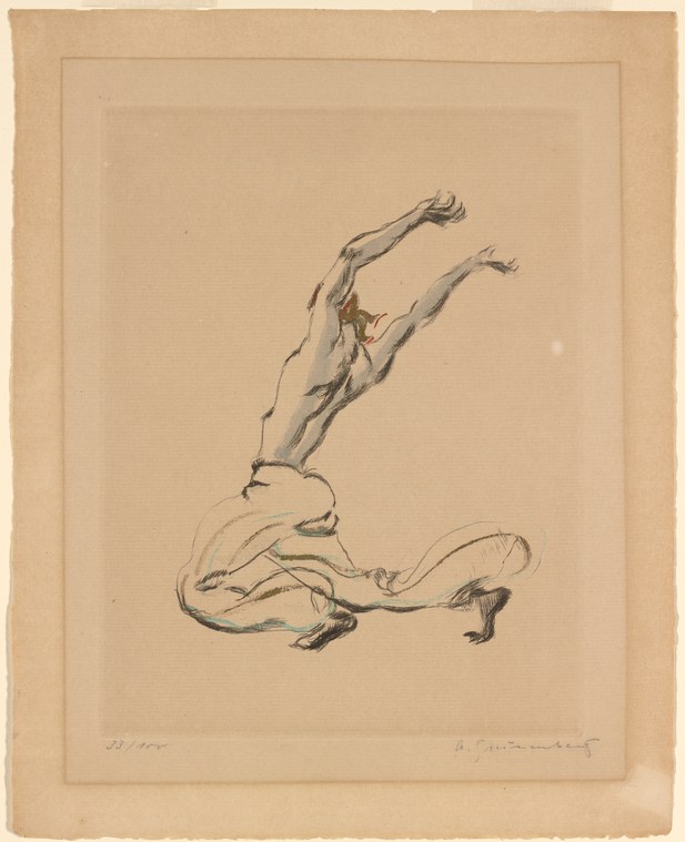 Ink drawing of a male ballet dancer in a horizontal flying leap, arms raised, with a second figure sketched below in a grounded position.