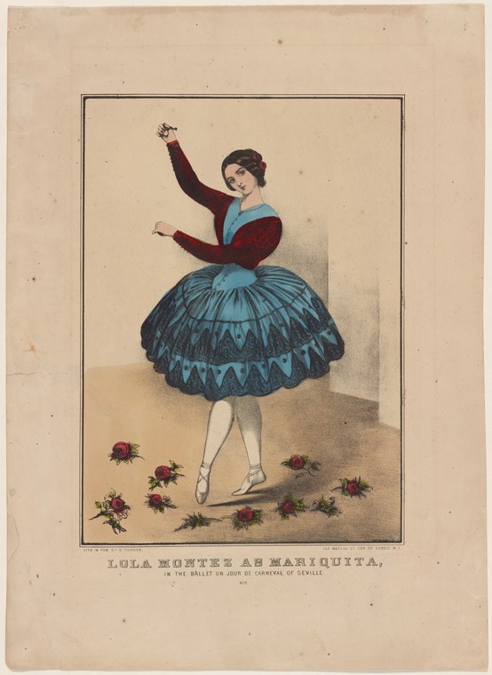 Hand-coloured engraving of a solo female dancer en pointe in a turquoise tutu and burgundy jacket, with raised right arm, surrounded by scattered flowers.